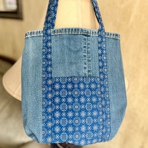Upcycled Denim and fabric tote bag handmade blue medallion print book tote